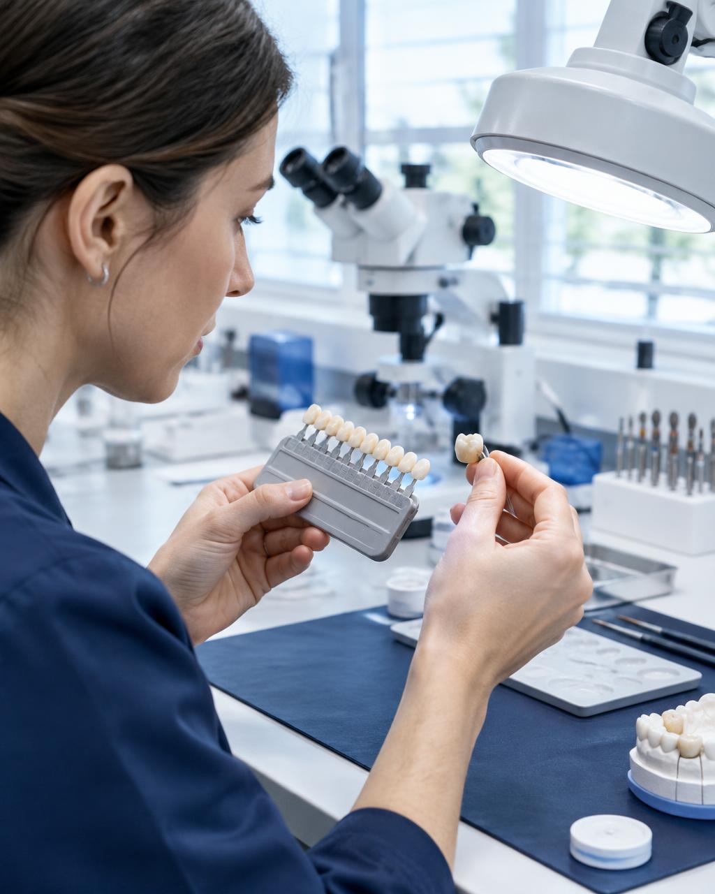 Zahntechnikerin bei der Bestimmung einer natürlichen Zahnfarbe